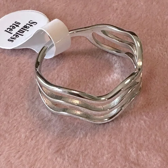 Sz 10 Triple Wave Layered Ring Stainless Steel Waterproof Organic Look Unisex - Picture 5 of 8